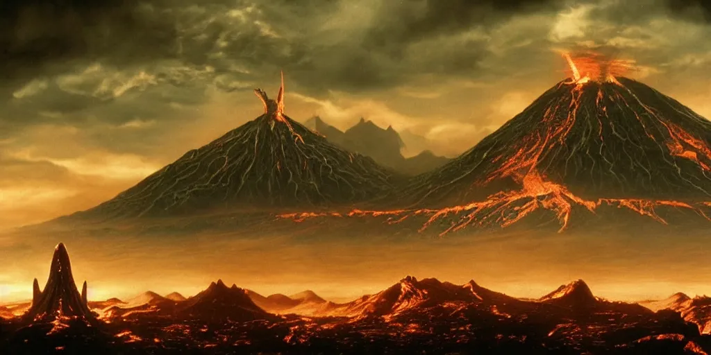 Image similar to lord of the rings movie still, directed by ridley scott in the style of h. r. giger, landscape of mordor with mount doom erupting in the background and barad - dur in the foreground, dark, cinematic, cinemascope