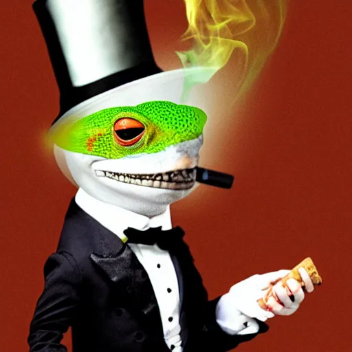 Image similar to Photo of a gecko in a top hat smoking a cigar, holding a martini