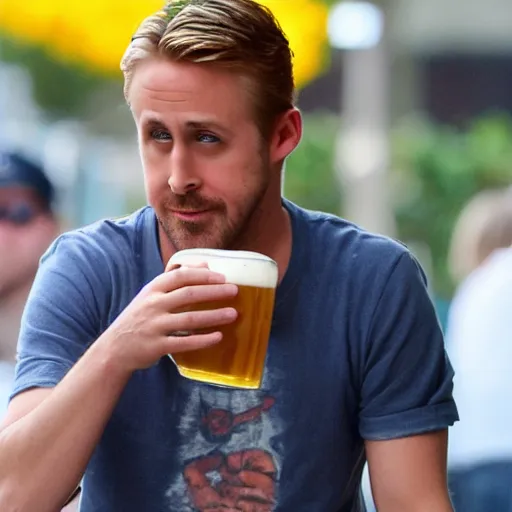 Image similar to Ryan Gosling drinks a huge mug of beer