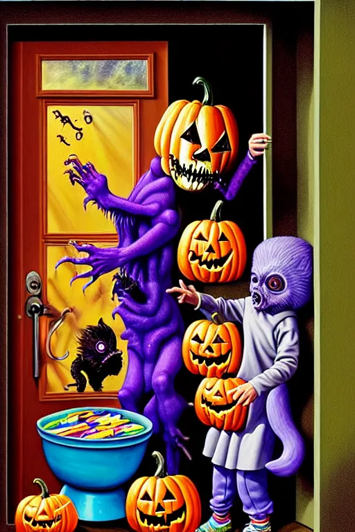 Image similar to a hyperrealistic painting of trick or treaters knocking on door and scary chimeric creature answers with bowl of candy, cinematic horror by jimmy alonzo, the art of skinner, chris cunningham, lisa frank, richard corben, highly detailed, vivid color,