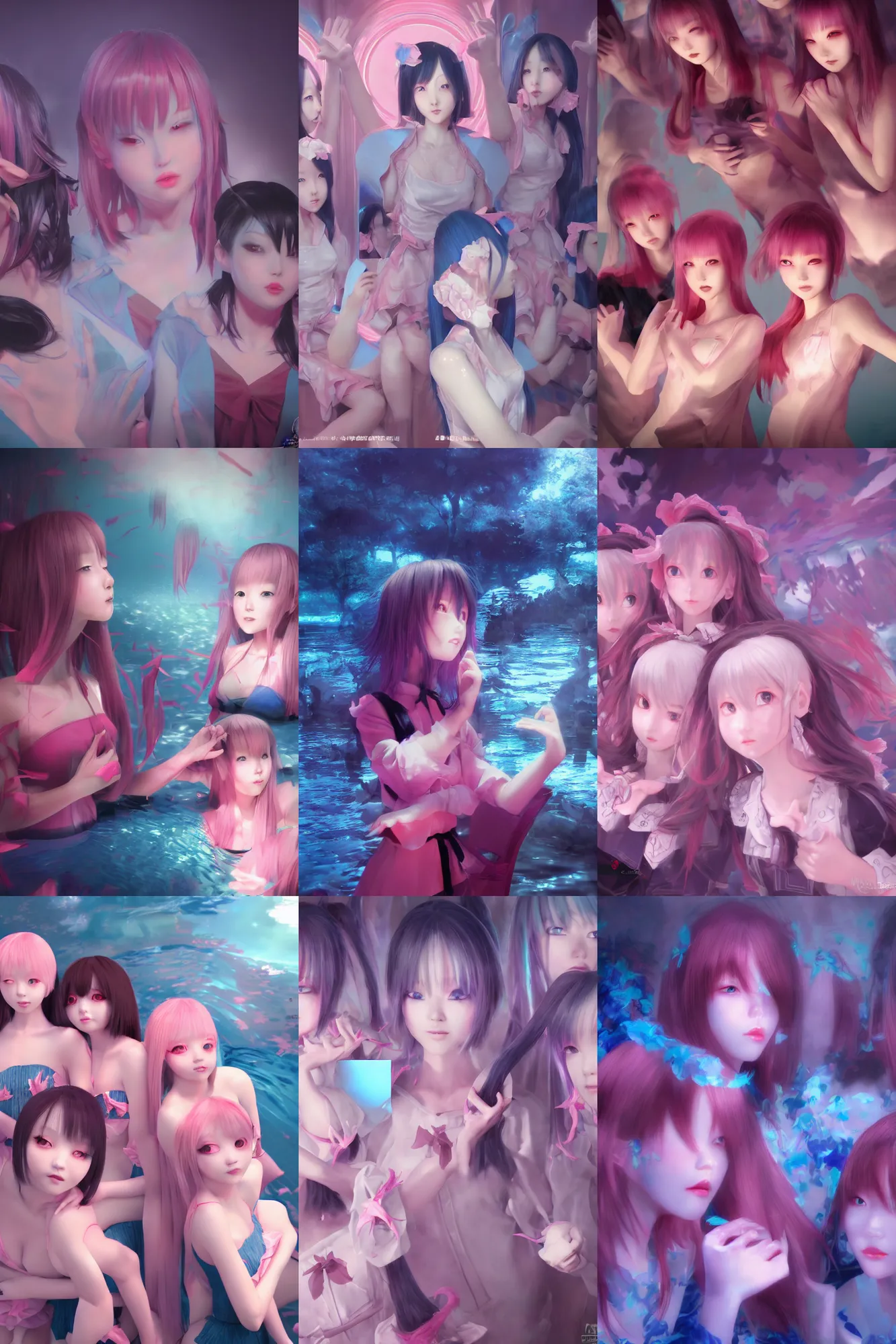 Image similar to 3d dark infrared octane render concept art by D. Jun, by Mo Xiang Tong Xiu, by Igarashi Daisuke, beauty portrait anime schoolgirls under dark pink and blue water. cute face. complex mirror room. dramatic light, trending on artstation.