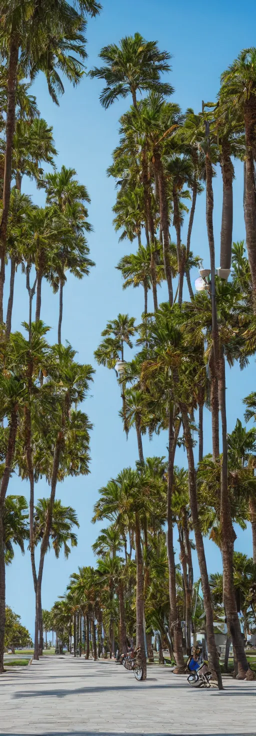 Prompt: long shots of sidewalk with bike path, palm trees, accessible for the disabled, by professional photographer, 8 k resolution, photo, high quality, unreal engine, 3 d