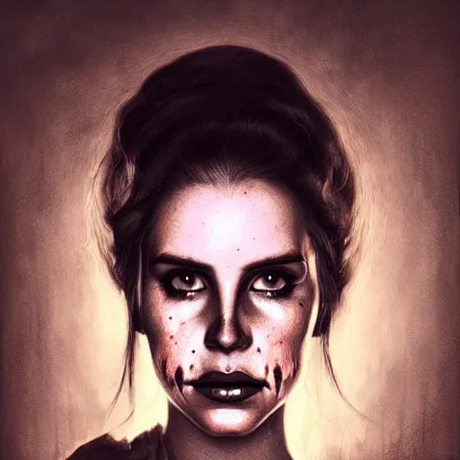 Prompt: head portrait of lana del rey as a zombie looking sad with dramatic lighting, 7 days to die zombie, gritty background, fine art, award winning, intricate, elegant, sharp focus, cinematic lighting, digital painting, 8 k concept art, art by michael hussar, art by brom, art by guweiz and z. w. gu, 8 k