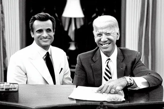 Image similar to “ very photorealistic photo of rod sterling and joe biden in the oval office, image is black and white, award - winning details ”