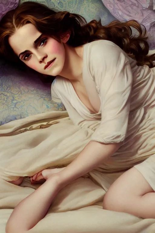 Image similar to Emma Watson lying on the bed in sleepwear, medium shot, intricate, elegant, highly detailed, digital painting, volumetric light, artstation, concept art, smooth, sharp focus, illustration, art by Gil Elvgren and Greg Rutkowski and Alphonse Mucha, 8K