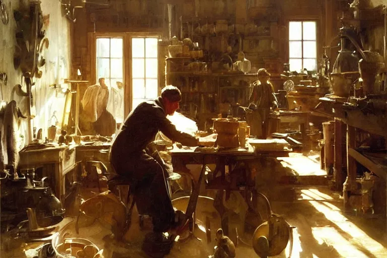 Prompt: oil painting of potter working on a beautiful piece in their workshop, art by anders zorn, wonderful masterpiece by greg rutkowski, beautiful cinematic light, american romanticism by greg manchess, jessica rossier and norman rockwell