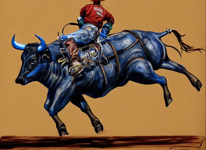 Prompt: mechanical rodeo bull, detailed bull, anime, ralph goings, cartoon styled painting