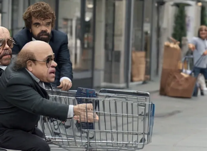 Prompt: peter dinklage in a shopping cart being pushed by danny devito, movie still, from the new jumangi movie, 8 k, realistic