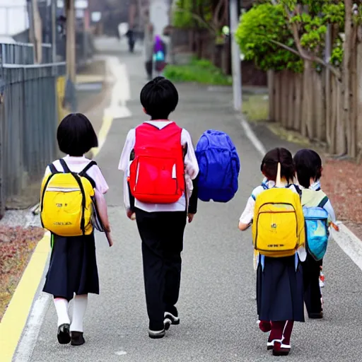 Prompt: Japanese school children walking to school