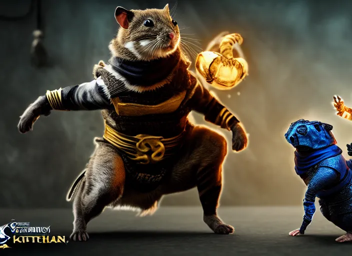 Image similar to hamster dressed as sub zero fights a cat dressed as scorpion in mortal kombat on the background of a laughing shao khan. fantasy magic style. highly detailed 8 k. intricate. lifelike. soft light. sony a 7 r iv 5 5 mm. unreal engine with nanite and path tracing