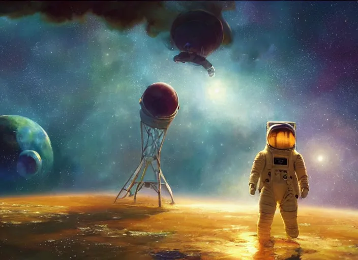 Image similar to craig mullins and ghibli digital illustration of an astronaut floating in the middle of the cosmos doing jazz improv, full body, strong contrast, earth, galaxies, ethereal, inviting, bright, raking light from constellations, unreal engine, hyper realism, realistic shading, cinematic composition, realistic render, octane render, detailed textures, photorealistic, wide shot