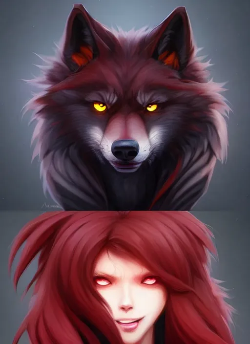 Image similar to character concept art of a black anthropomorphic furry male wolf long red hair | | cute - fine - face, pretty face, key visual, realistic shaded perfect face, fine details by stanley artgerm lau, wlop, rossdraws, james jean, andrei riabovitchev, marc simonetti, and sakimichan, trending on artstation