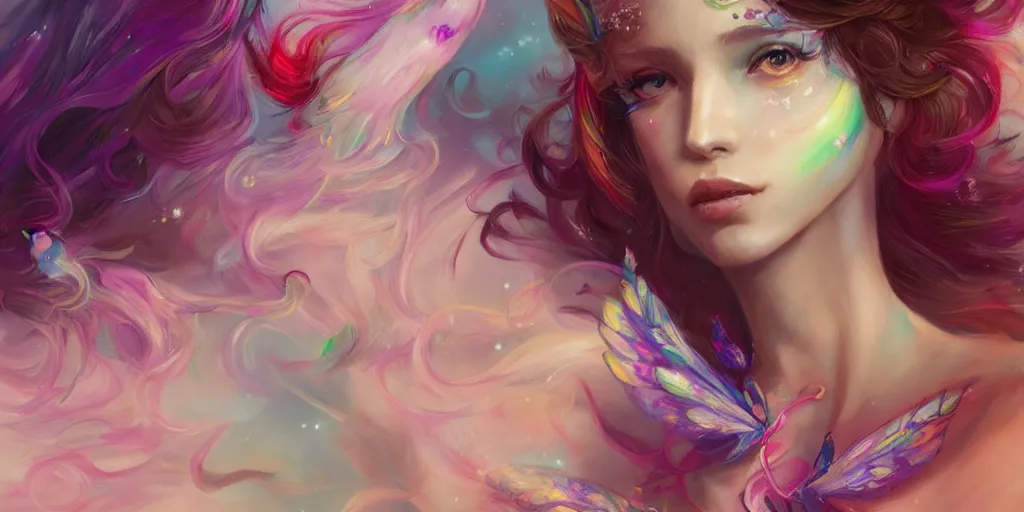 Prompt: a colorful and provenance portrait painting of a fantasy female with floral wings, detailed, highly detailed, hair made of hair made of air wind and curling smoke, mist, dust, genie, spirit fantasy concept art ， art by charlie bowater, trending on artstation.