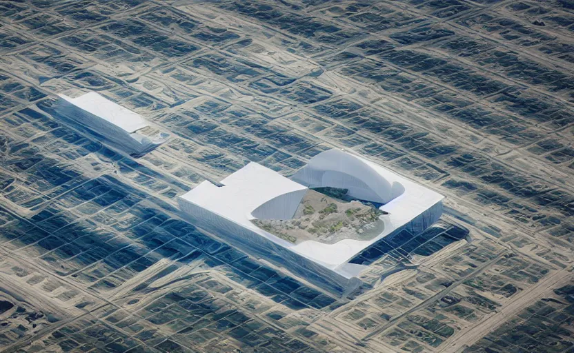 Prompt: parametric structure, medical complex, in the desert beside the gulf, view from above, design by oma, dezeen, architectural photography