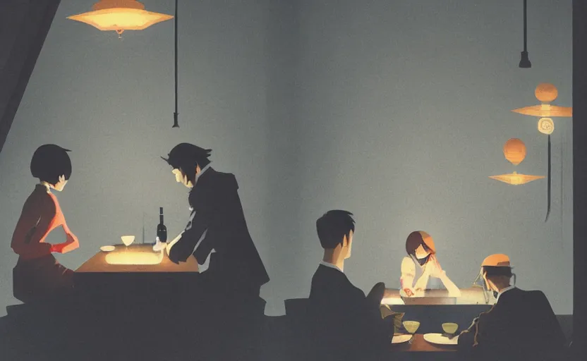 Image similar to a mysterious dimly lit dinner scene japanese digital art illustration by atey ghailan and escher and edward hopper, surreal