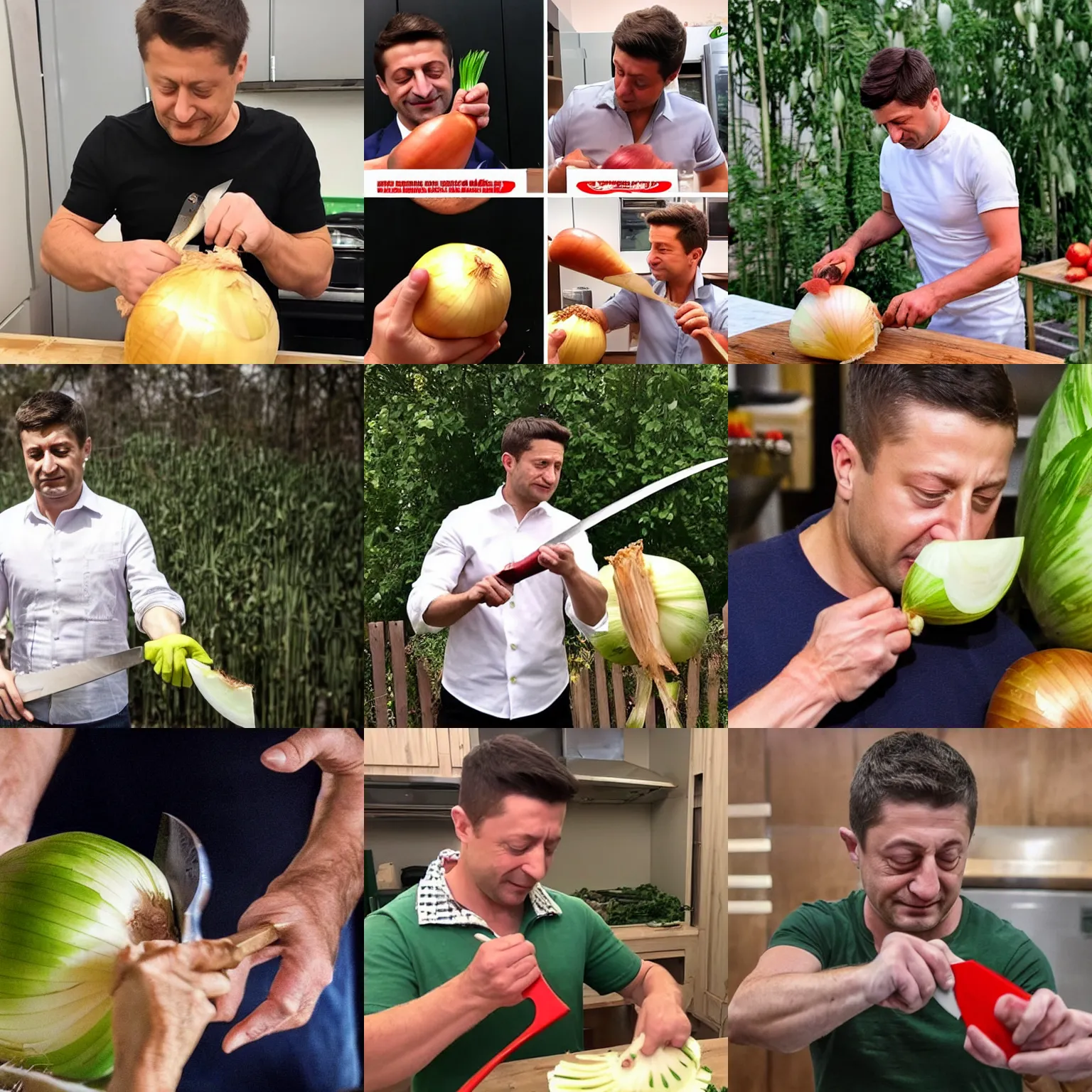 Prompt: Zelensky slicing a big onion with a big knife, his big red eyes are full of tears and he is weeping with pain