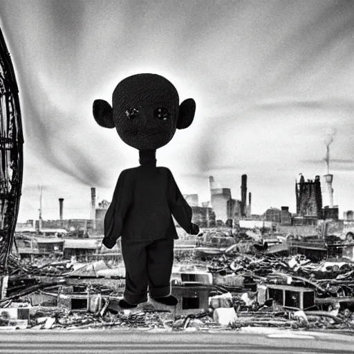 Prompt: evil toy puppet sitting in the middle of abandoned london with nuclear explosion on the background