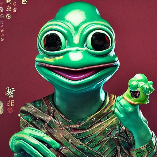 Image similar to plasticine wet shiny angles, crystal, moonlit, mirrors, camera angled dramatically, realistic hyperdetailed design of pepe the frog meme, ferocious, chinese mythology, victo nga, fumo yoshitoshi, ren jing jeong, feifei ruan, peter mohrbacher, takato yamamoto