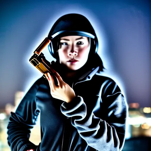 Image similar to photographic portrait of a techwear woman holding a shotgun, closeup, on the rooftop of a futuristic city at night, sigma 85mm f/1.4, 4k, depth of field, high resolution, 4k, 8k, hd, full color, Die Hard, movies with guns, movie firearms