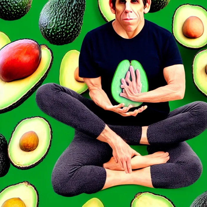 Image similar to ultra realistic illustration of ben stiller in the shape of an a ocado, in the lotus position meditating with closed eyes, balancing stack of avocado