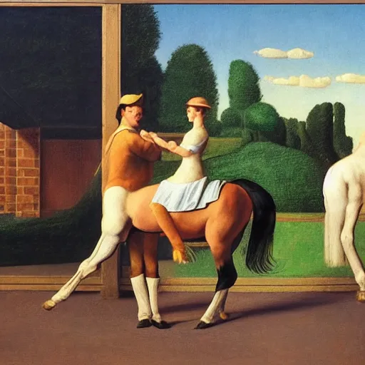 Image similar to a horse-training-show by Raphael, Hopper, and Rene Magritte. detailed, romantic, enchanting, trending on artstation.