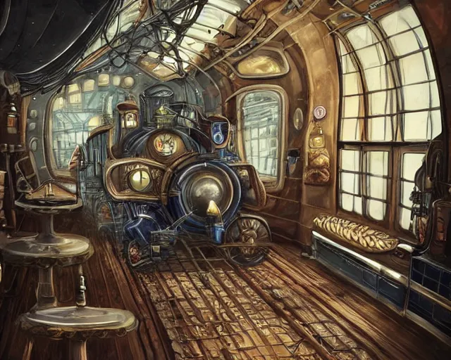 Image similar to steampunk train in space, Style of Ian Hubert