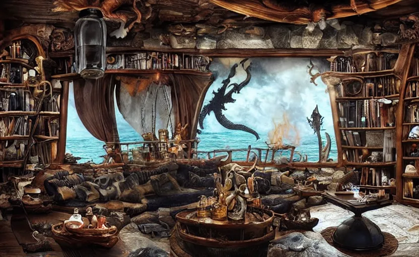 Image similar to pirate captain living room interior in the middle of a stormy ocean, with a witch cauldron and bottles of potions and ingredients in jars, sunny, natural materials, rustic wood, window sill with plants, vines on the walls, dried herbs under the ceiling bookshelves, design. A giant dragon looking through the window. Fire. Gigantic dragon eye. Mordor