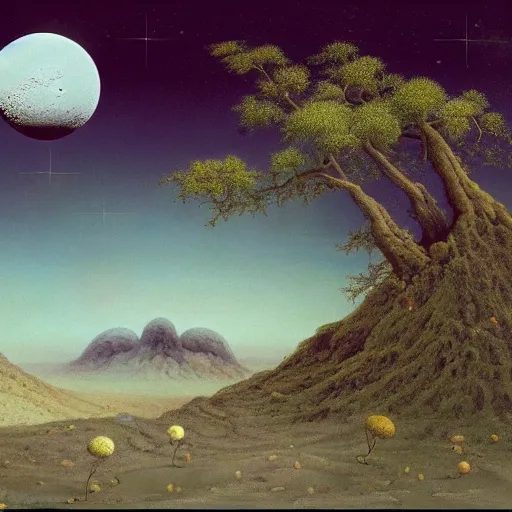 Image similar to a landscape on the moon with many craters, barren moon landscape, a broken moon lander, in a big crater at the center there is a beautiful flowering garden, 8 k, lowbrow in the style of martin johnson heade and daniel merriam and roger dean,