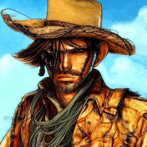 Prompt: scrufffy mexican vaquero, spaghetti western, yoshitaka amano character design