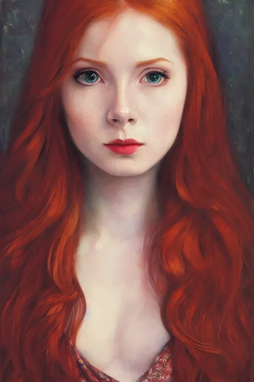 Prompt: Beautiful oil painting of Amy Pond by by Titian and Alexander Roslin and Chie Yoshii, portrait, red scarf, pale, black eyebrows, Doctor Who, symmetrical face, dramatic lighting, sharp focus, smooth, Karen Gillan