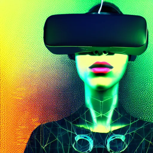 Image similar to glitchcore glitchart cyberdream neuropunk young woman dreaming in vr, glitches, digital, hologram