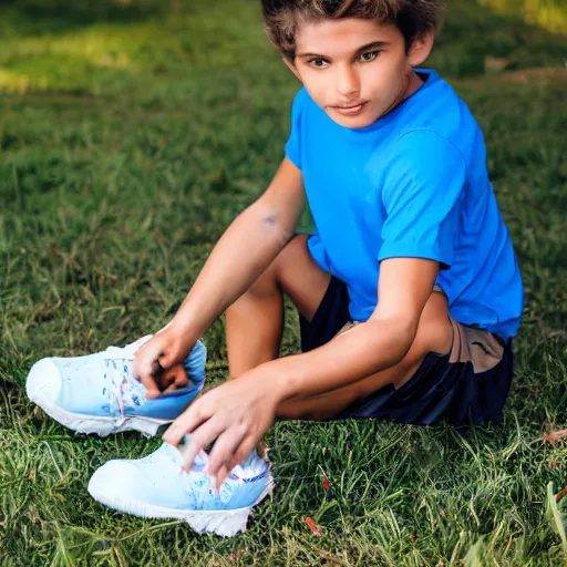 Image similar to a muscular kid wearing a blue shirt with tennis shoes, painting, in a field on fire