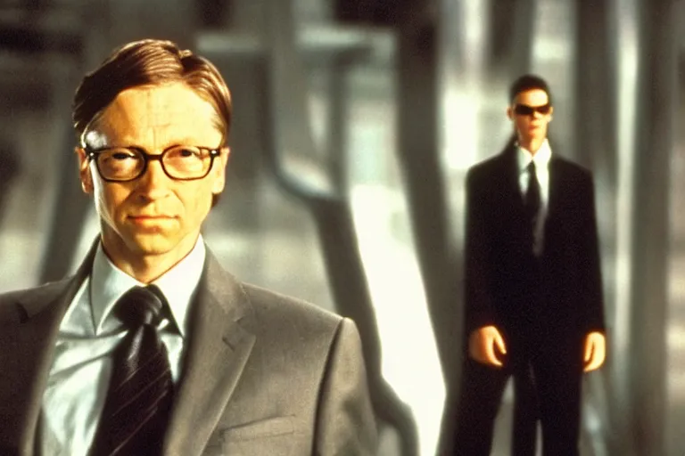 Prompt: a film still of bill gates as agent smith from the movie the matrix ( 1 9 9 9 )