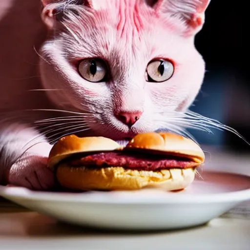 Prompt: a pink cat eating a hamburger