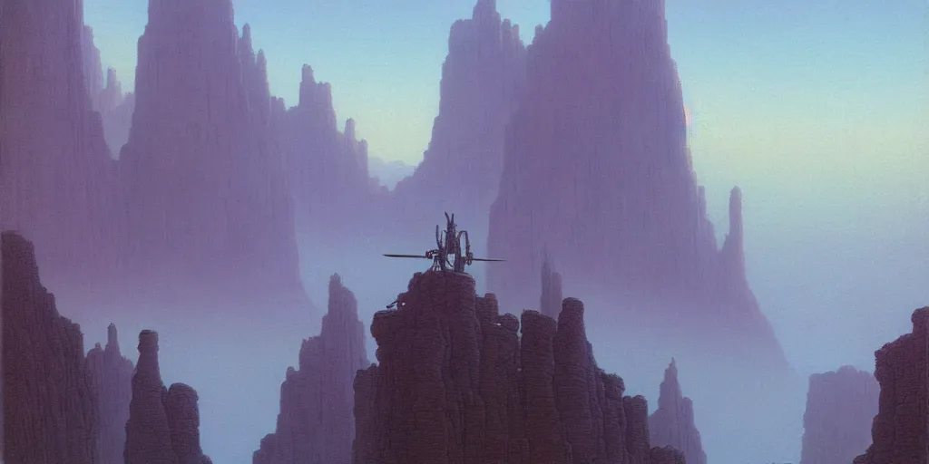 Image similar to grainy risograph matte painting of gigantic huge mech with huge swords, pastel matte colors, staying in the foggy huge canyon, by moebius, hyperrealism, intricate detailed