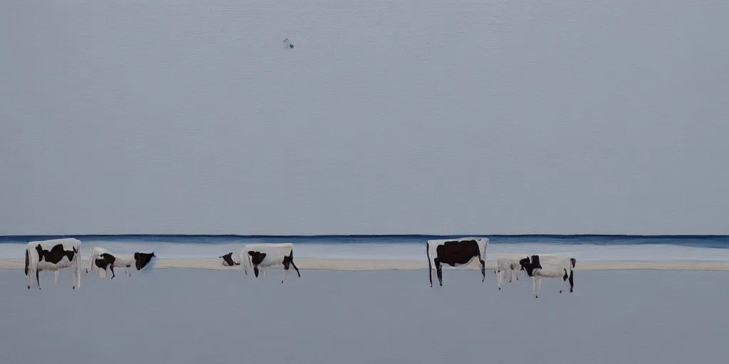 Prompt: detailed minimalist painting of cows enjoying the beach