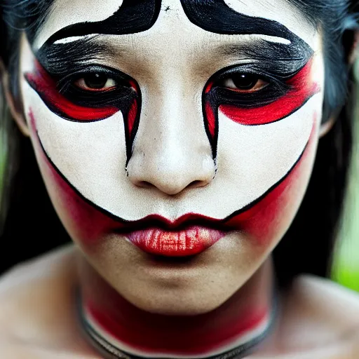 Image similar to portrait of a stunningly beautiful asian tribal female, minimal red facepaint over the eyes in a stripe, depth of field, zeiss lens, detailed, symmetrical, centered, fashion photoshoot, by Annie Leibovitz and Steve McCurry, David Lazar, Jimmy Nelsson, Breathtaking, 8k resolution, extremely detailed, beautiful, establishing shot, artistic, hyperrealistic, beautiful face, octane render