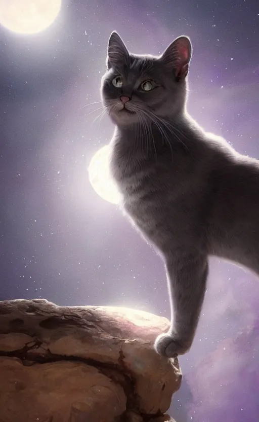 Prompt: a grey cat with blue eyes looks at the moon, volumetric lighting, glowing lights, 4k, octane, digital painting, artstation, concept art, sharp focus, illustration, cinematic film still, art by artgerm and greg rutkowski and alphonse mucha , wide angle view,