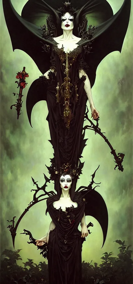 Image similar to baroque oil painting portrait of vampire queen in gothic robes with bat wings, by nekro, peter mohrbacher, alphonse mucha, brian froud, yoshitaka amano, kim keever, victo ngai, james jean