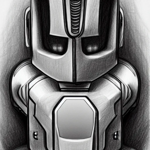 Pencil drawing of robot head looking up with relaxed expression on