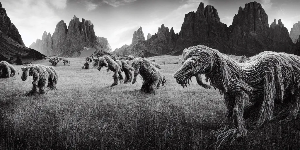 Image similar to photography of hay monsters, dancing, forest, dolomites, alpine, detailed intricate insanely detailed octane render, 8k artistic 1920s photography, photorealistic, black and white, chiaroscuro, hd, by David Cronenberg, Raphael, Caravaggio