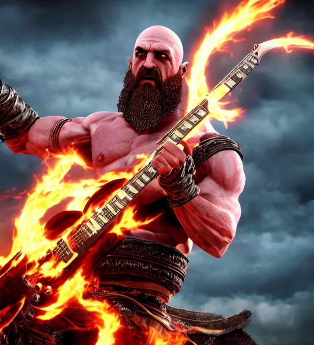 Image similar to kratos shredding on a flaming stratocaster guitar, cinematic render, god of war 2 0 1 8, santa monica studio official media, lightning, stripe over eye