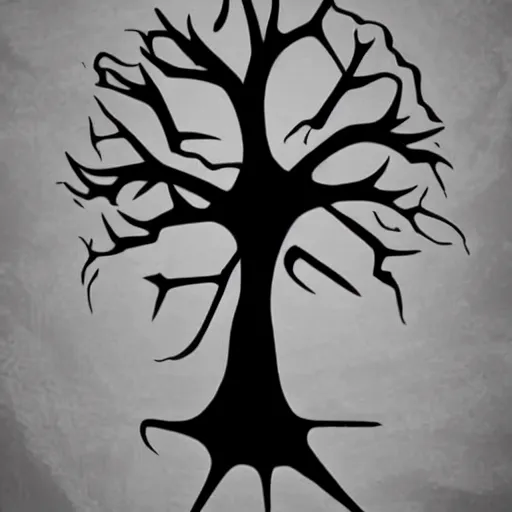 Image similar to black metal band logo, unreadable text, metal font, looks like a tree silhouette, horizontal