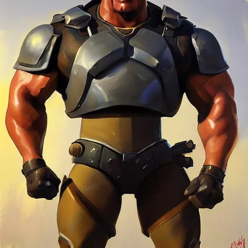 Image similar to greg manchess portrait painting of armored the foundation aka dwayne the rock johnson from fortnite as overwatch character, medium shot, asymmetrical, profile picture, organic painting, sunny day, matte painting, bold shapes, hard edges, street art, trending on artstation, by huang guangjian, gil elvgren, ruan jia, greg rutkowski, gaston bussiere