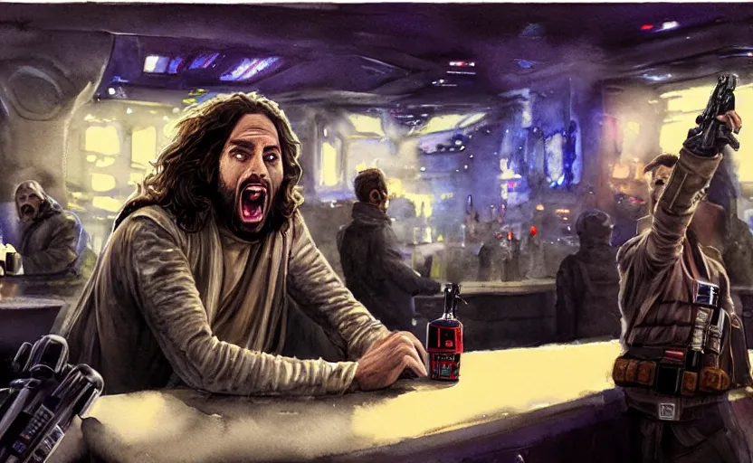 Prompt: an accurate realistic star wars watercolor fantasy concept art of a drug dealer that looks like chris d'elia yelling angrily in a sleazy futuristic bar of coruscant, hq, 4 k