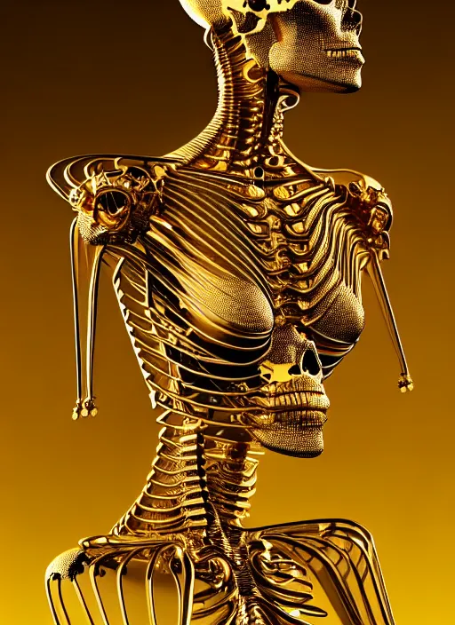 Image similar to portrait of an absurdly beautiful, graceful, sophisticated, fashionable futuristic female golden skeleton with sections of skin showing, glowing internal warm light, hyperdetailed illustration by irakli nadar and alexandre ferra, intricate linework, faberge, intricate gold headdress, dark atmosphere, unreal engine 5 highly rendered, global illumination, radiant light, detailed and intricate environment