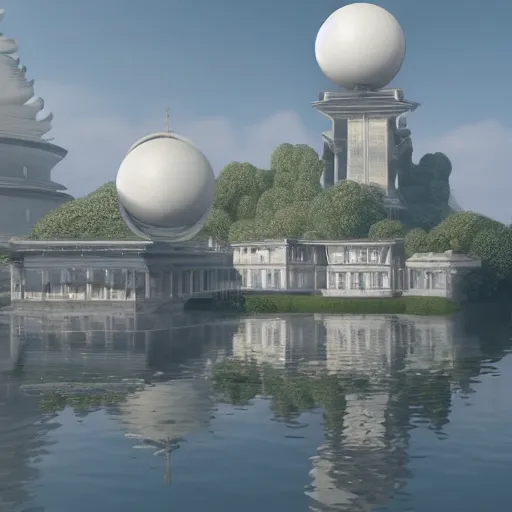 Prompt: a beautiful lot of white sphere shaped buildings are put together, on the calm lake ， hyper detailed, 8 k, unreal engine, by kazuyo sejima and hiroshi sugimoto