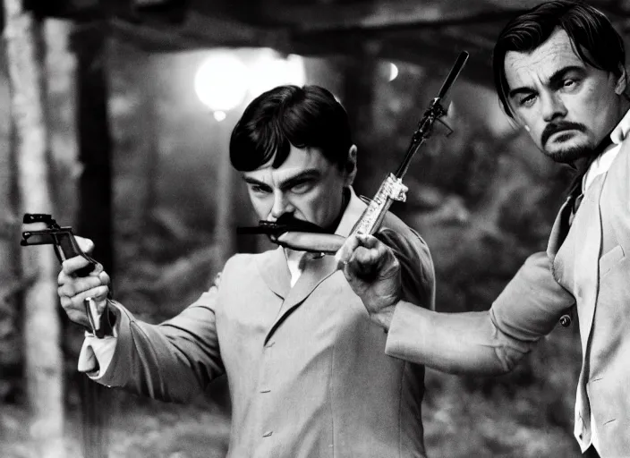 Image similar to an action scene from the movie scarface, medium long shot, costumes from peaky blinders, filmed in the dark woods, a cabin in the background, leonardo dicaprio and daniel day - lewis, sharp eyes, serious expressions, detailed and symmetric faces, black and white, cinematic, epic,