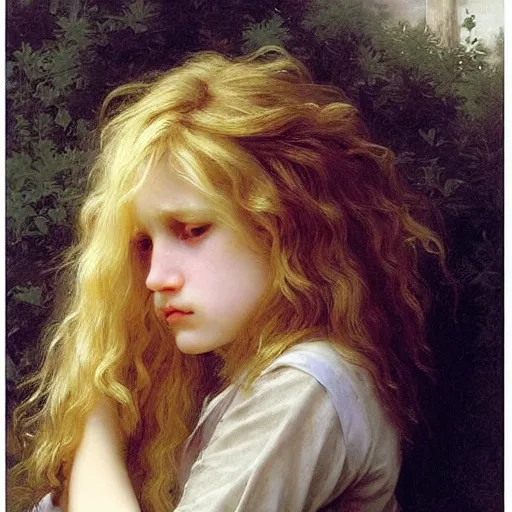 Image similar to a teen boy with long shaggy blonde hair crying angry tears. By Bouguereau. Ruan Jia. Ayami Kojima. Masterpiece