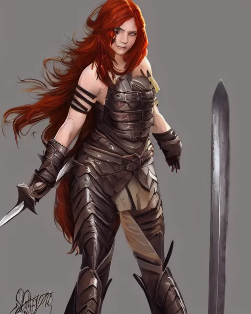 Prompt: a fierce warrior princess, with long auburn hair and functional armor, and a long sword, by steve argyle, trending on cgsociety, artstation, deviantart, digital illustration, concept art, character art